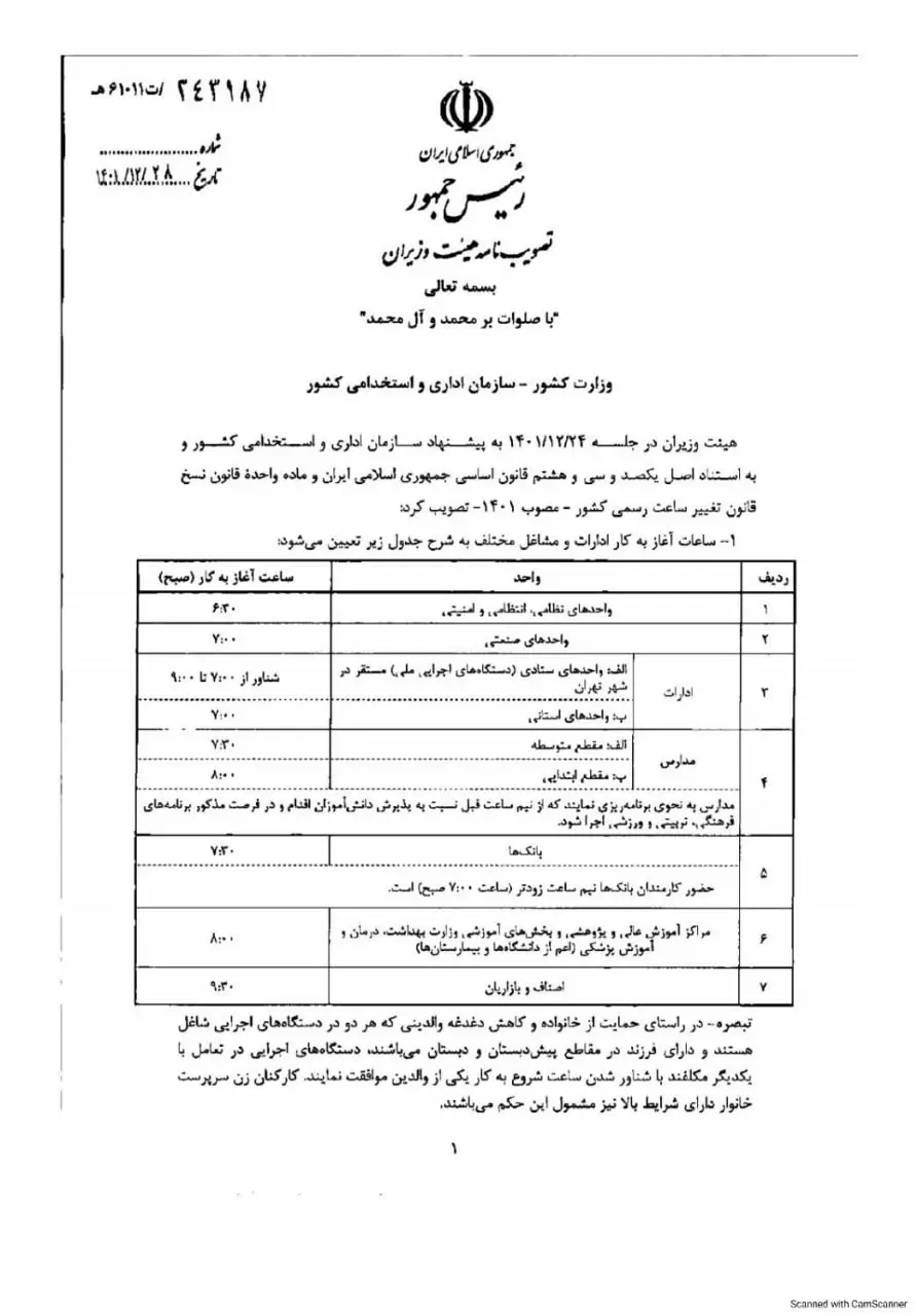 اعلام ساعات کاری ادارات از ۱۶ فروردین ۱۴۰۴
