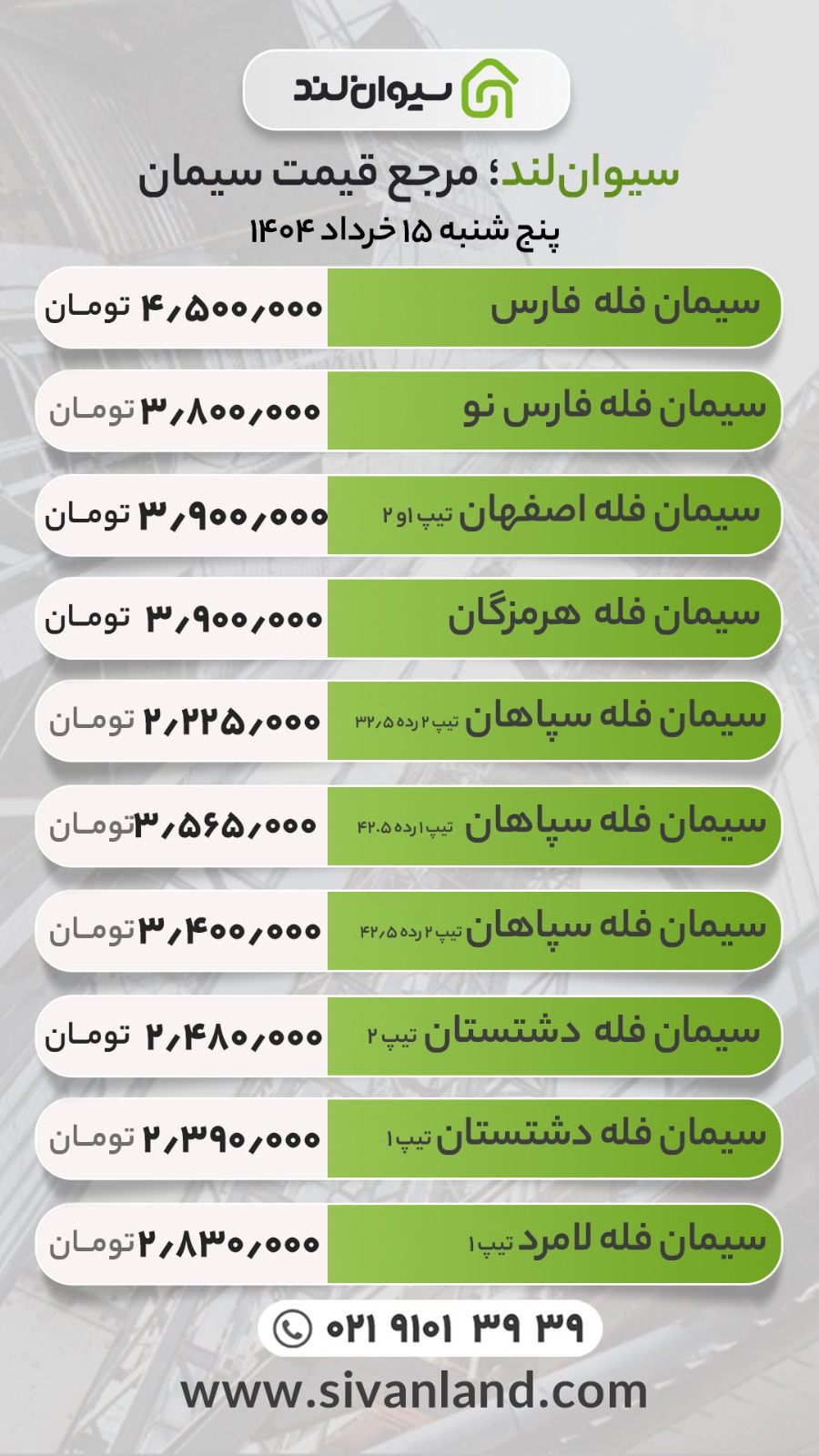 قیمت سیمان امروز پنج‌شنبه 15 خرداد 